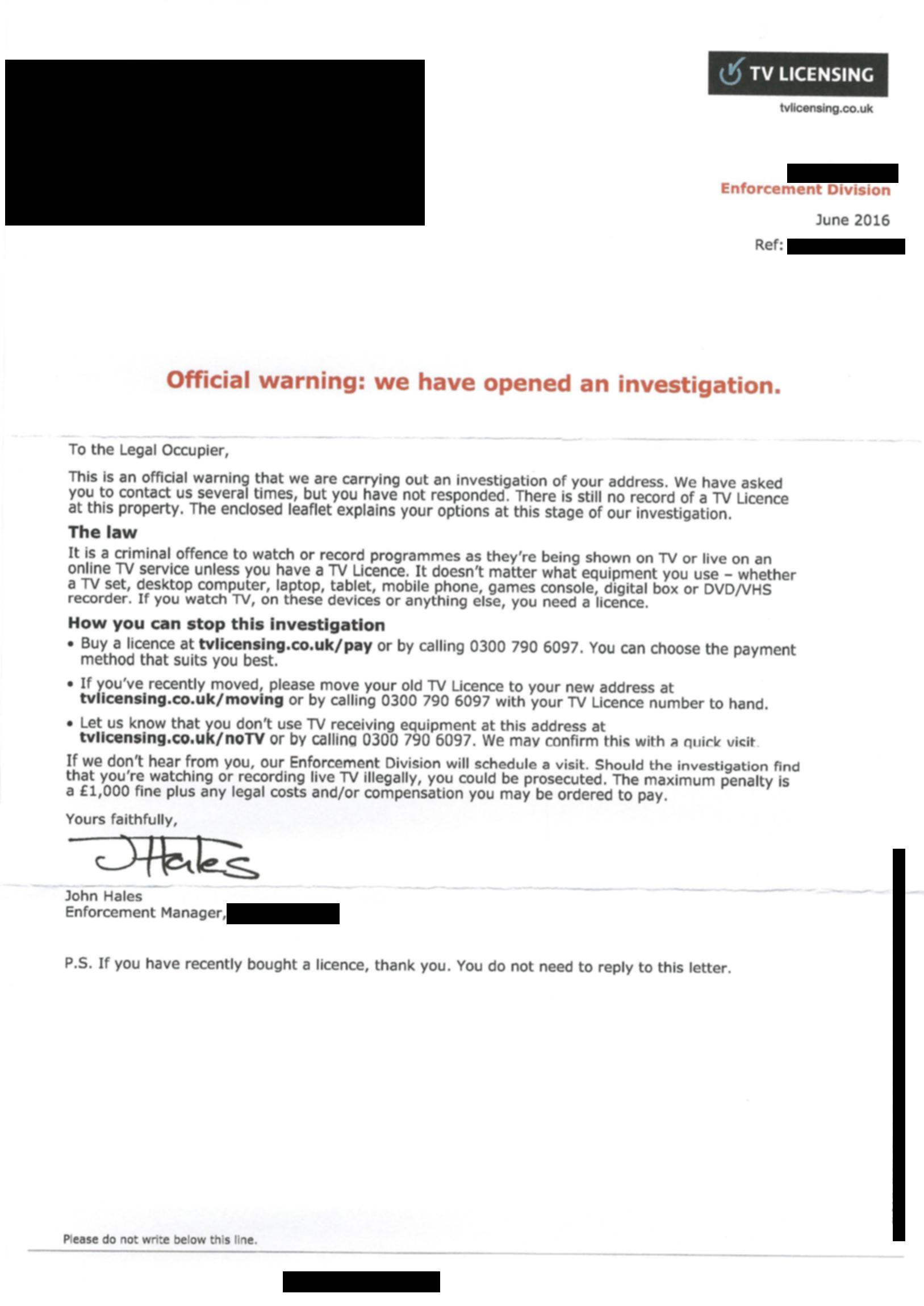 Letters from BBC Television Licensing/intro